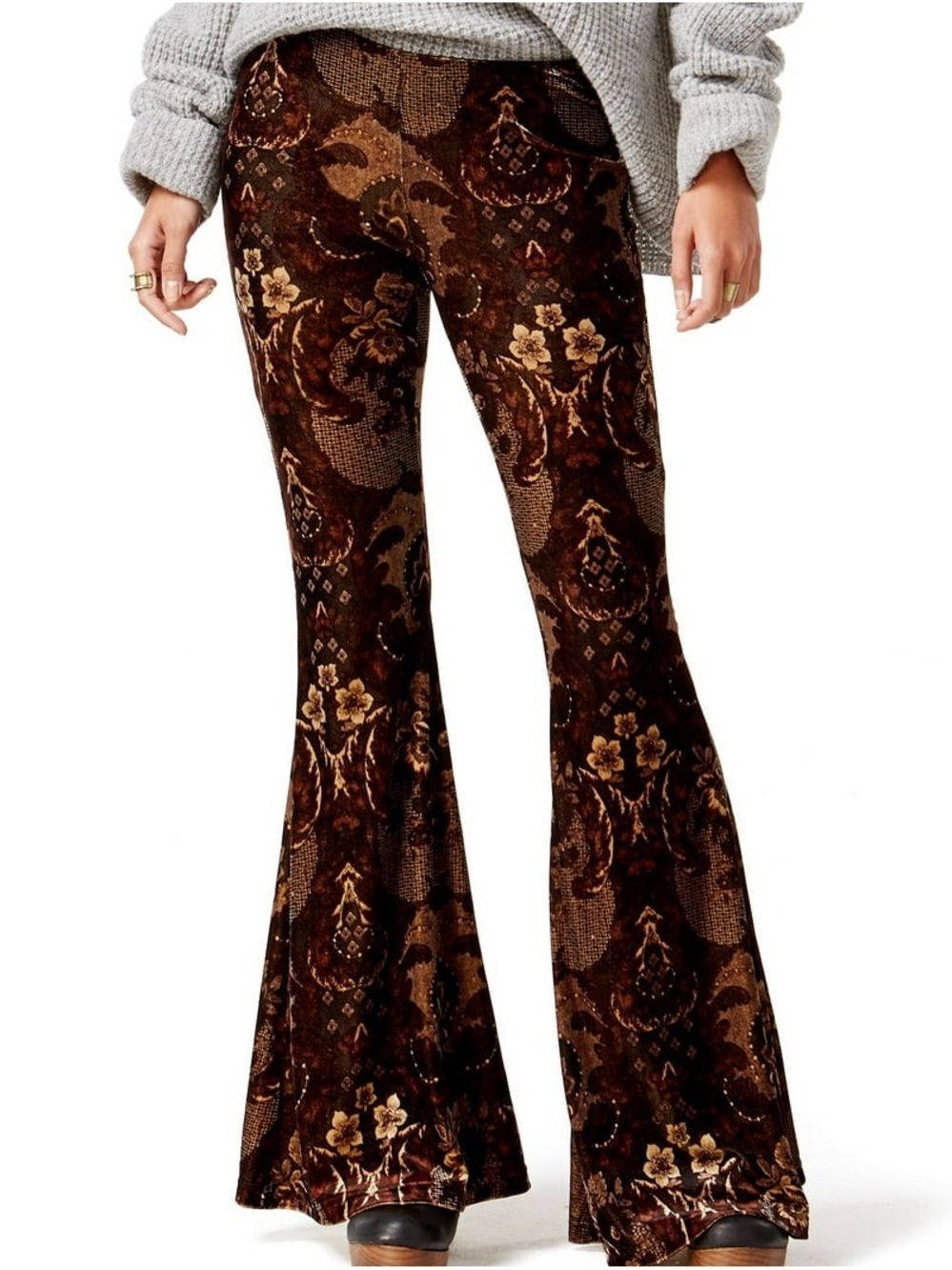Free People Maura Printed Velvet Flare Pants Brown Good Floral Womens XS